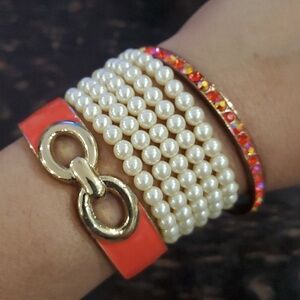 BUNDLE BRACELETS FASHION STRETCH PEARLS, ORANGE CUFF, BANGLE